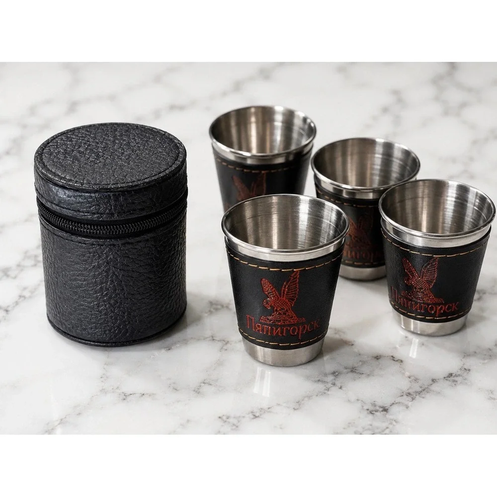 Russian Travel Shot Glass Set Black Excellent Stainless Steel 4pc
